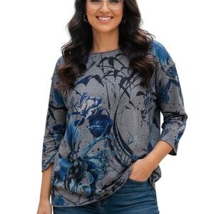 Tunic Sweater Floral‎ Blue Gray